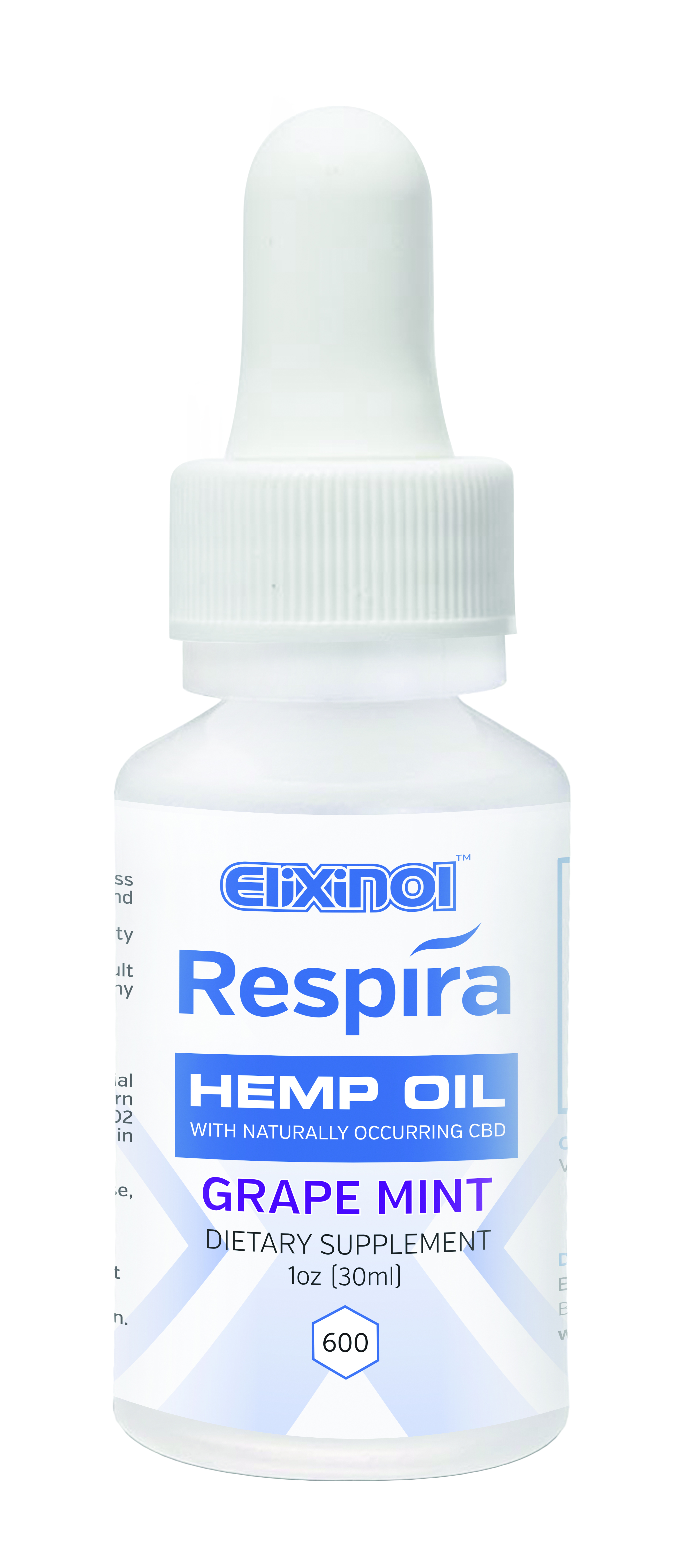 Respira CBD oil for oral, topical or vape use by Elixinol. 600mg, Grape Flavor. 
