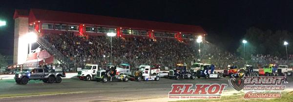 A sold-out crowd watches the Bandits line up along the front stretch at Elko Speedway Saturday, August 25.