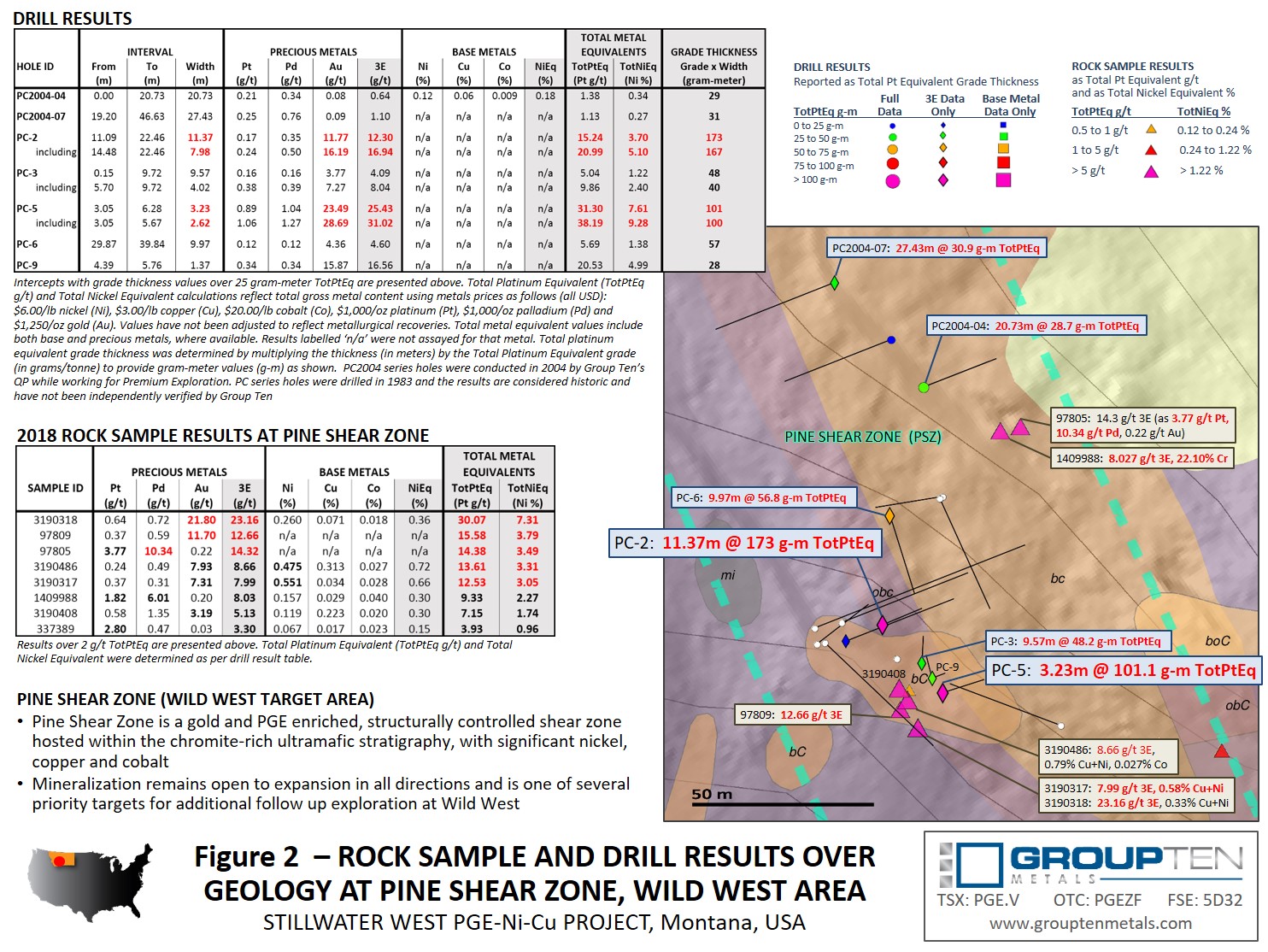 Figure 2  – ROCK SAMPLE AND DRILL RESULTS OVER GEOLOGY AT PINE SHEAR ZONE, WILD WEST AREA 