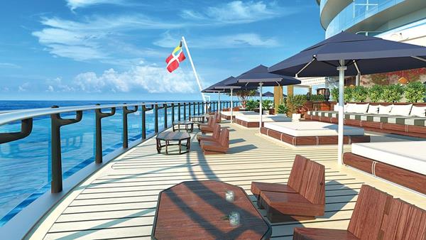 Virgin Voyages releases renderings of areas on board the brand's first ship due for delivery in 2020. The Dock designed by Roman and Williams  is an outdoor lifestyle space with a focus on relaxation, socializing and an appreciation of the gorgeous views the ship provides. Image courtesy of Virgin Voyages. 