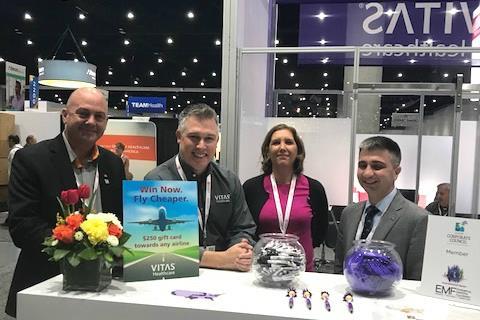 Visit Booth #1847 to talk to our experts about the benefits of a VITAS partnership with your ED. Pictured are VITAS physicians Dr. David Wang (left) and Dr. Shaban (right) with VITAS representatives Drew Landmeier and Jennifer O'Brien.