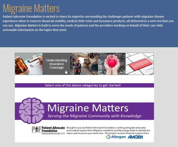 Screenshot of Migraine Matters start page