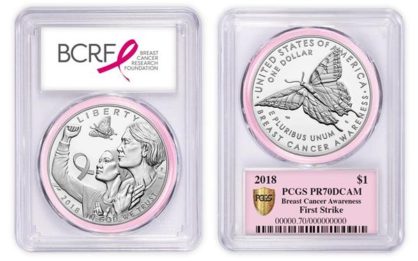 An example of a PCGS-graded 2018 Breast Cancer Research Foundation Silver Dollar coin in a special PCGS BCRF label with pink gasket. The pictured label also demonstrates PCGS First Strike™ and PCGS Gold Shield®.