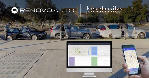 Image of Renovo branded automated vehicles with Bestmile fleet operator dashboard and traveler app inset