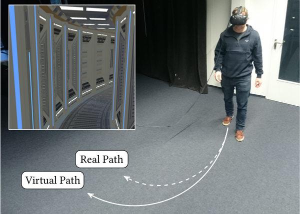 A user during the study: The bending of the virtual corridor (inset) corresponds to the path marked as "virtual path" while the user walks a path in the non-virtual world that is bent even more.