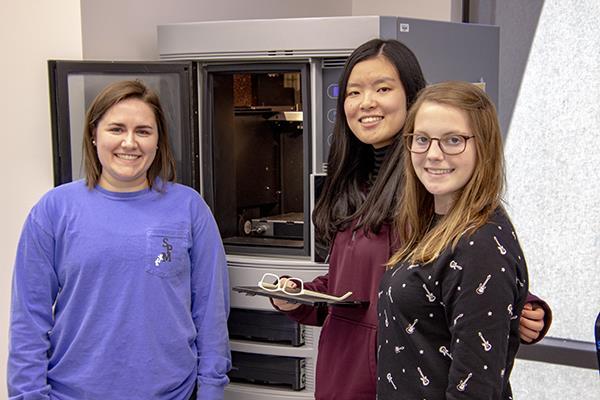 LSU Mechanical Engineering students (from left) April Gaydos, Lucy Guo and Macie Coker have designed and 3D-printed eyeglasses for students at the Louisiana School for the Visually Impaired.
