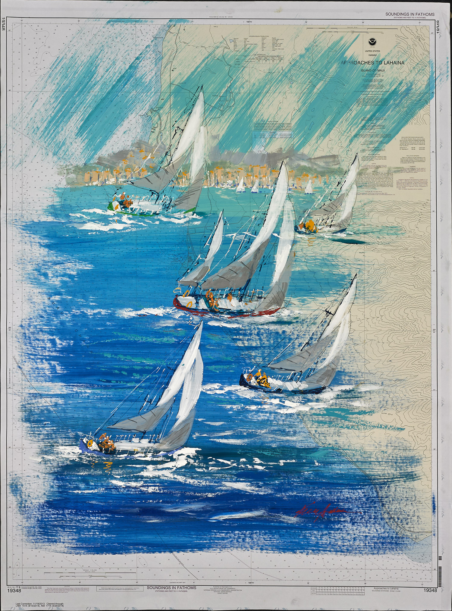 Kerry Hallam, Approaches to Lahaina, acrylic on nautical chart, 45.75 x 34.4 Inches