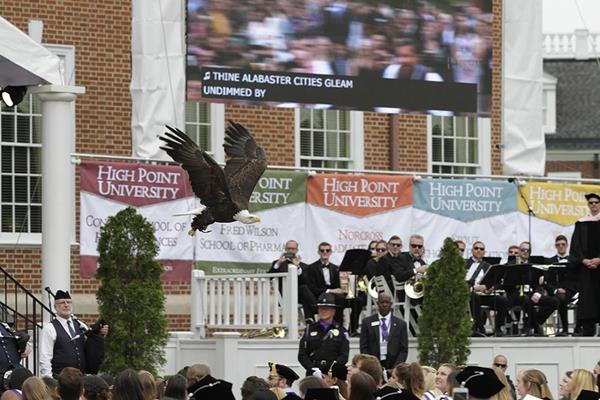 As is tradition during the HPU Commencement ceremony, a bald eagle soared across the graduates, symbolizing the ideals of free enterprise, independence and the ability to pursue new opportunities in America.