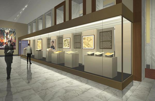 Rendering of the Newberry's brand-new permanent exhibit gallery, where a 46-foot-long case will display highlights from the collections.