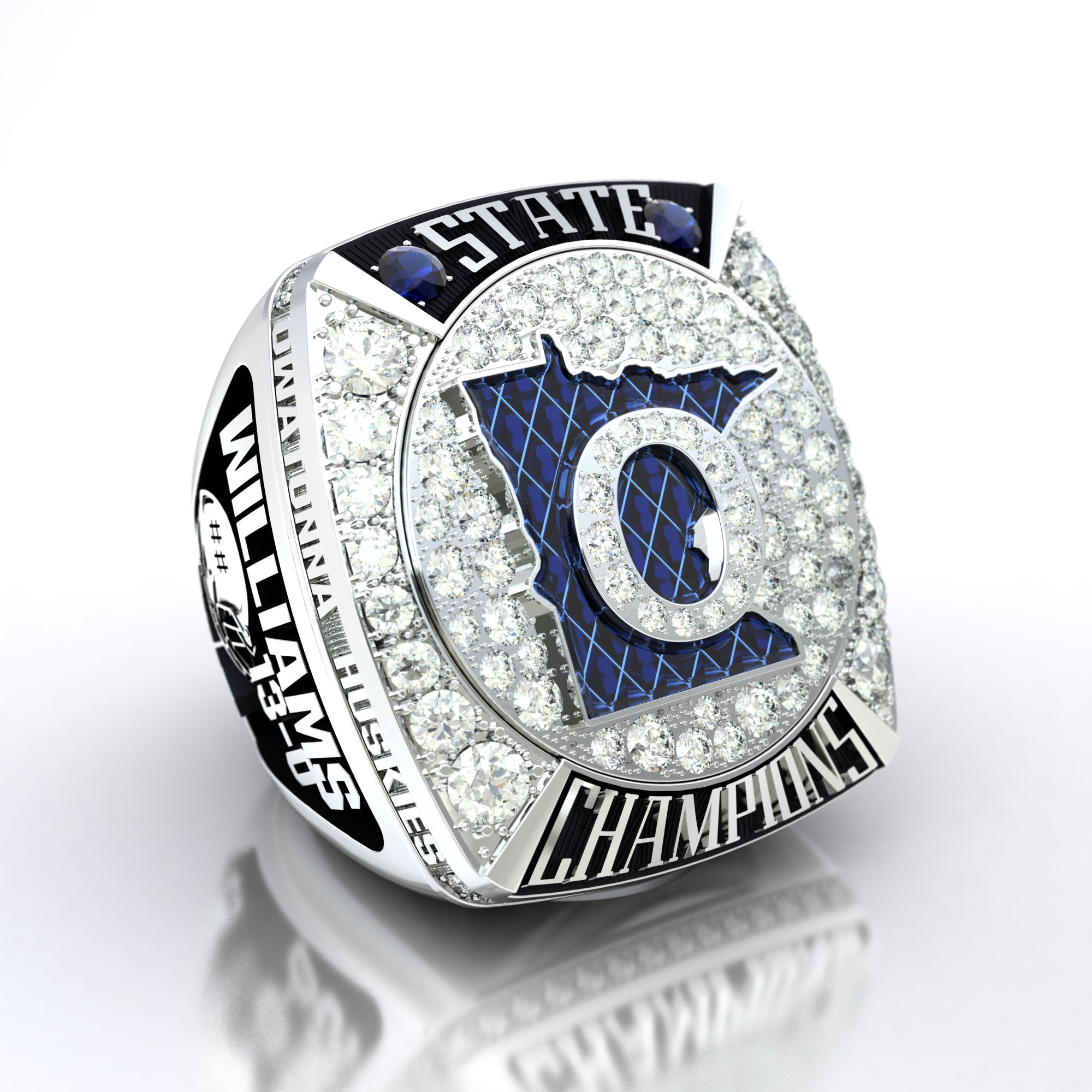 The Owatonna High School Huskies 2018 MN State Football Championship ring, by Jostens. 