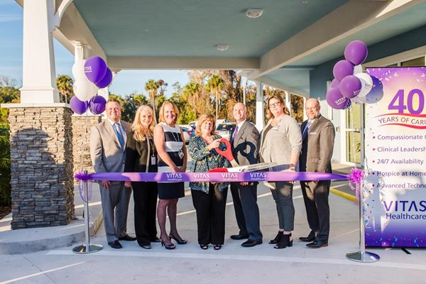 VITAS team at the ribbon cutting ceremony from L to R: CEO Nick Westfall, Brevard General Managers Susan Acocella and Kathleen Kashow, Executive VP Patty Husted, Rockledge IPU Manager John Harrell, Vice President of Operations Jennifer Nygaard, Chief Operations Officer Joel Wherley.