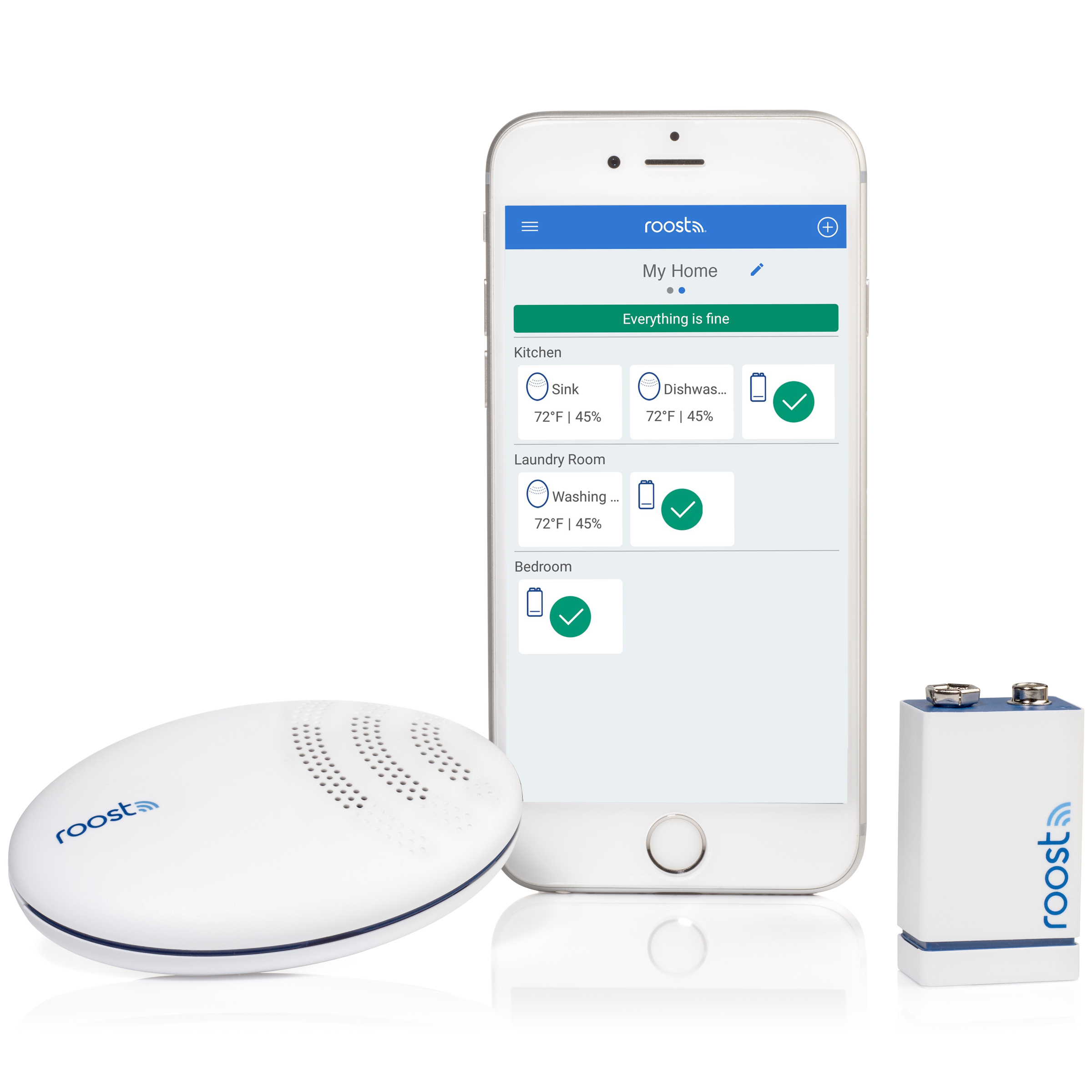 Roost Mobile App, Roost Smart Battery and Roost Smart Water Leak and Freeze Detector