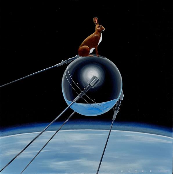Robert Deyber, A Hare Out of Place (Sputnik), acrylic on canvas, 30 x 30 inches