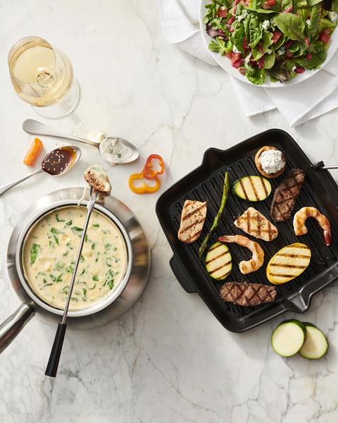 Hear that sizzle? Tabletop grilling is the perfect complement to cheese fondue, fresh salad and decadent chocolate fondue. 