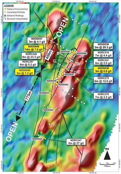 Figure 2: Ndongo East Prospect with Drill Locations on Ground Magnetic Image Showing NE-SW Mineralised Structures Open Along Strike.
