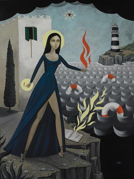 Anne Faith Nicholls, A Flame for the Refugees, acrylic on canvas, 48 x 36 inches