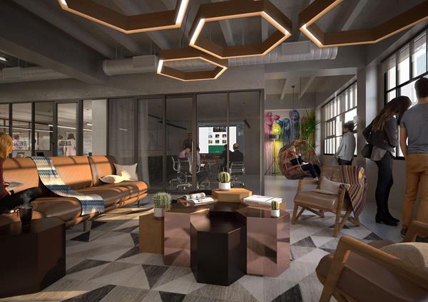 Render of co-working space on the third floor of 718 South Hill Street | Design by M-Rad Architecture
