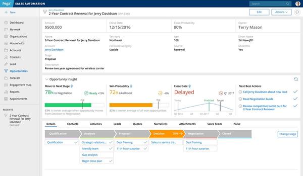 Screen capture of Pega Sales Automation application