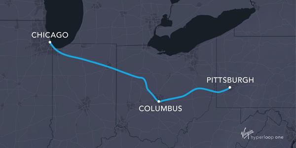 A route map for the proposed Virgin Hyperloop One system through Illinois, Indiana, Ohio, and Pennsylvania. 
