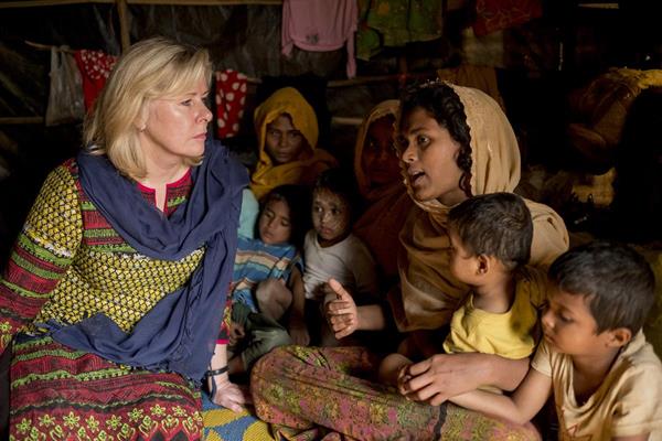 World Concern President Jacinta Tegman visits with Rohingya refugee families in the Kutupalong Refugee Camp near Cox's Bazar, Bangladesh, on Jan. 15, 2018. Photo by Christena Dowsett/World Concern