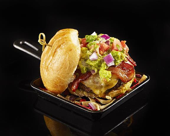 Neil Daniell's winning dish “Chunky Avocado Cheeseburger with Candied Bacon”