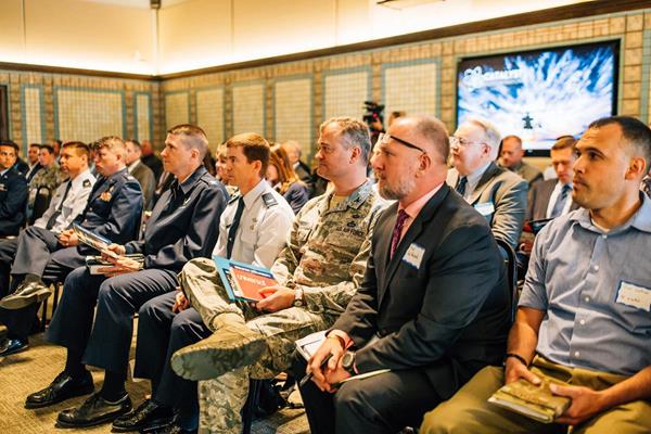 Representatives of the military, venture capitalists, and weather experts pack the Harvey House restaurant on the Catalyst Accelerator's inaugural Demo Day, April 2018, in the historic 1917 Atchison, Topeka and Santa Fe Passenger Depot, headquarters of Catalyst Campus and the AFRL/RV Catalyst Accelerator.