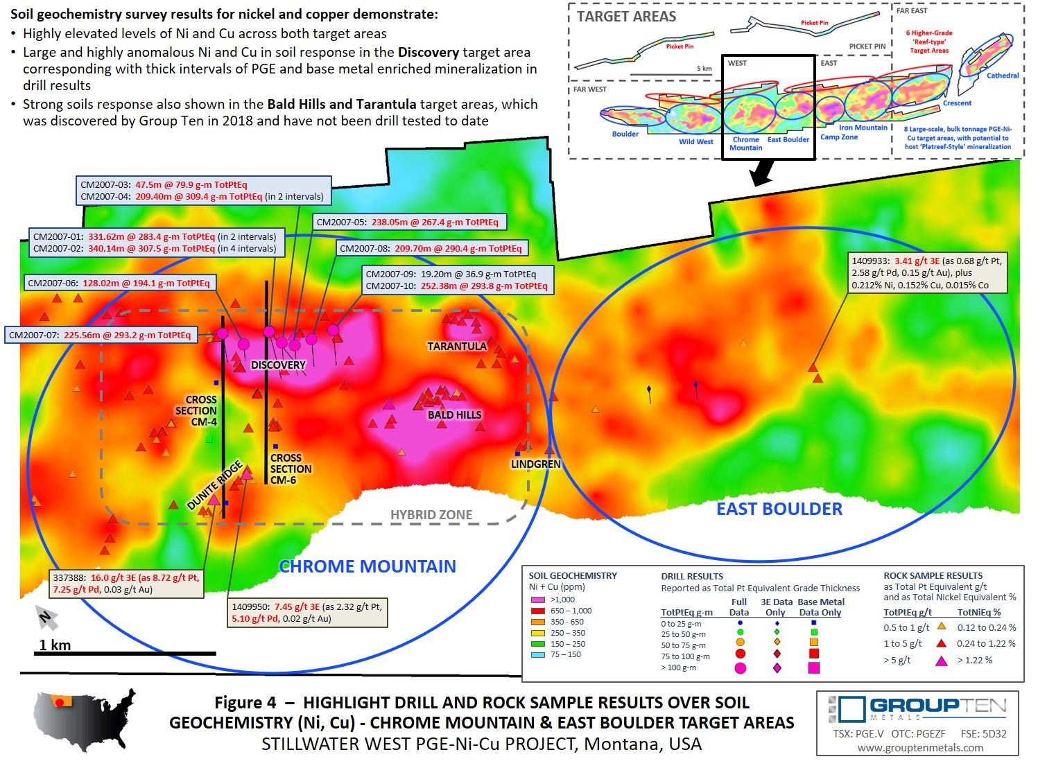 Figure 4  –  Highlight Drill and Rock Sample Results Over Soil Geochemistry (Ni, Cu) - Chrome Mountain & East Boulder Target Areas