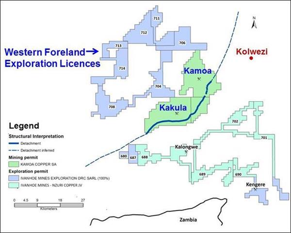 Ivanhoe’s 100%-owned Western Foreland exploration licences, west of the Kamoa-Kakula mining licence