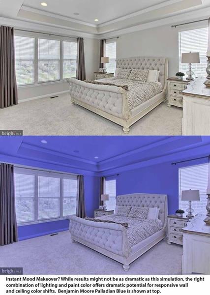 Instant Mood Makeover? While results might not be as dramatic as this simulation, the right combination of lighting and paint color offers dramatic potential for responsive wall and ceiling color shifts. Benjamin Moore Palladian Blue is shown at top. 
