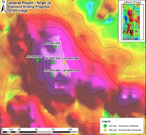 Location of diamond core drilling on ground magnetics - J4 Kimberlite Pipe
