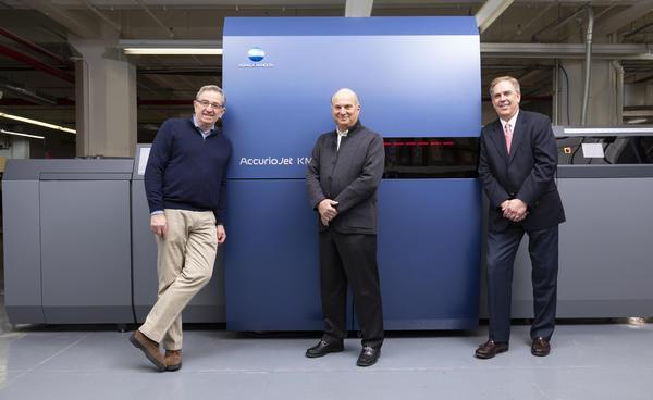 Proud owners of the AccurioJet KM-1 press, from left to right, Al Weiss, Joe Jurist, and Ron Sizemore, partners at Jurist Influence Group.
