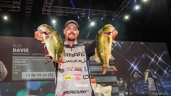 Six-year FLW Tour veteran Alex Davis of Albertville, Alabama, who is fishing in his first career Forrest Wood Cup Championship, jumped out to the early lead after weighing in a five-bass limit totaling 13 pounds, 10 ounces.
