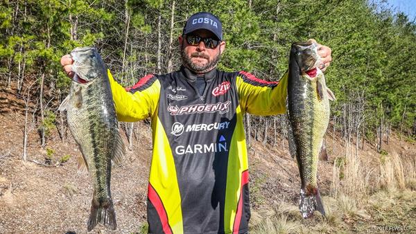 Pro Bradley Hallman of Norman, Oklahoma, weighed a 23-pound, 11-ounce limit of spotted bass to take the lead on Day One of the FLW Tour at Lake Lanier presented by Ranger Boats.