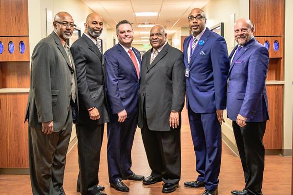 From left: Pastor Perry of Antioch Missionary Baptist Church, Reverend Fitzgerald of Friendship West Baptist Church, VITAS CEO Nick Westfall, Bishop Edwards of Church of the Living God, VITAS admission liaison Patrick Bullocks, and VITAS COO Joel Wherley.