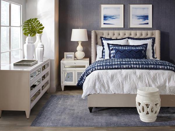 Roberto bed, Concerto dresser and nightstand, Adira sapphire bedding and Addison table lamp