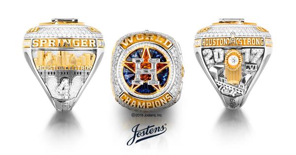 Detailed views of the Houston Astro's 2017 Championship Ring.  On one side, each player’s name and Astros wordmark frame the iconic Houston skyline, paying the ultimate respect to the city and fans who never wavered in their support for the team.
