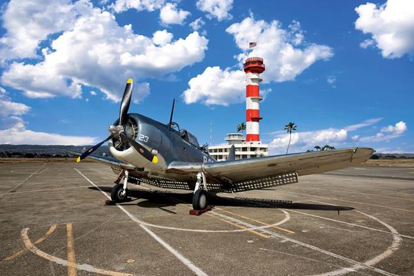 The Museum's SBD Dauntless and Historic Ford Island Tower