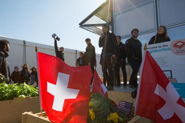 FOR PUBLIC USE with no restrictions

Swiss Team members celebrate their first place victory overall at the U.S. Department of Energy Solar Decathlon 2017 in Denver, Colorado on October 14, 2017. (Credit: John De La Rosa/U.S. Department of Energy Solar Decathlon)