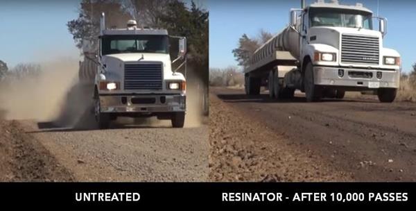 Image of unpaved road before and after treatment with Resinator.  The after shot shows the impressive results even after 10,000 vehicle passes.