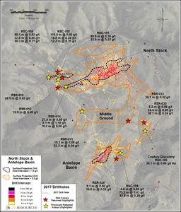 Figure 1: Plan map of North Stock and Antelope Basin 2017 drill results and historic drill highlights