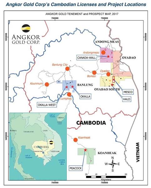 Angkor Gold Corp's Cambodian Licenses and Project Locations