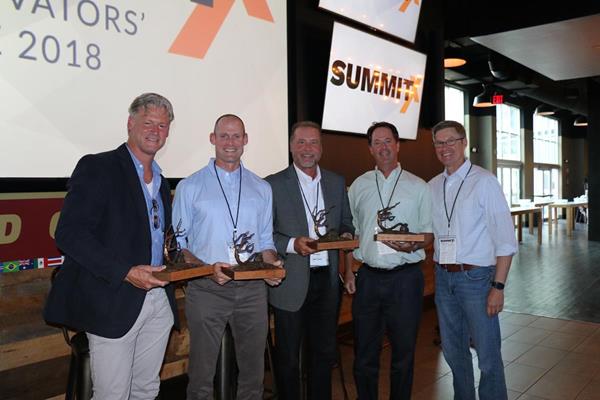 These are the four 2018 recipients of the first ever Mortgage Innovators' Hall of Fame award presented at the Mortgage Innovation Summit - SummitX. Monte Robbins of CapWest, Jeff Douglas of Wyndham Capital, Todd Geiman of HomeDirect Mortgage, and Philip Kneibert of Mortgage Lenders of America. Also pictured is Tim Donnelly, President & CEO of SoftVu, host of the annual Mortgage Innovation Summit. Tim worked with students of the Kansas City Art Institute through a Sponsored Studio project for the award's design. These four individuals were chosen for their innovative thinking, intentional collaboration and high standards. 