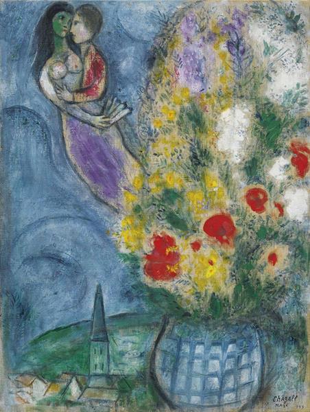 Marc Chagall, Les Coquelicots (Red Poppies), oil on canvas, signed 'Chagall Marc' and dated '[1]1949' on the lower right, 28 3/4 x 21 1/2 inches