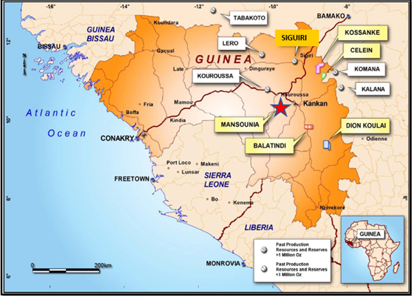 Figure 1: A map of Guinea showing the Mansounia Gold Project location as a red star.