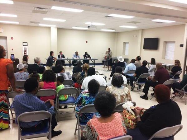 Residents of the Concerned Citizens of Richmond County speak at a community forum in opposition to a proposed Enviva wood pellet mill. Dobbins Heights where the facility is set to be built is designated as an Environmental Justice community. 
