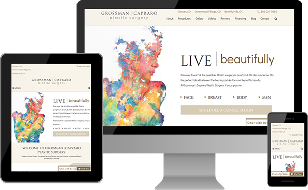 tablet, desktop, and smartphone displays of mobile-first custom website for Grossman | Capraro Plastic Surgery