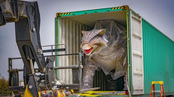 Animatronic Ankylosaurus arrives at new Field Station: Dinosaurs location in Derby, Kan. The park will feature more than 40 animatronic dinosaurs and is set to open May 26, 2018. Photo credit: RSM Marketing Services.