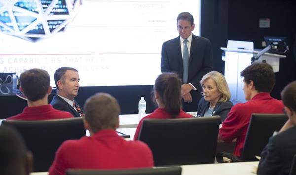 Dave Wajsgras, President of Raytheon Intelligence, Information and Services at Raytheon, facilitates a discussion with Governor Northam, Delegate Murphy, and the University of Virginia winning team on the path forward to bolster cybersecurity in Virginia.