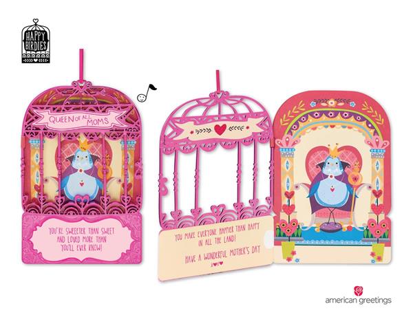The Happy Birdies™ collection of Mother’s Day cards from American Greetings is sure to make her heart sing! This perfectly-perched collection features a dimensional, metallic plastic birdcage on the front that peeks inside to pretty illustrated scenes. When the quaint door swings open, lights twinkle while a sweet song plays, complementing the warm, heartfelt message.