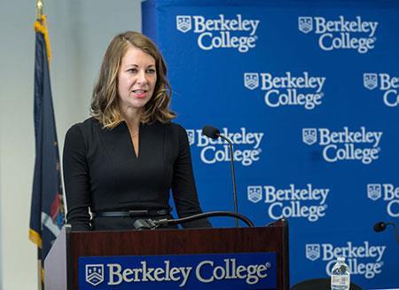 Photo Caption B: Melissa DeRosa, Secretary to New York State Governor Andrew M. Cuomo, delivers the keynote address at Day 1 of “Women in Media: The Courage to Own Your Story,” an event hosted by Berkeley College at its campus in Midtown Manhattan, NY, on October 18, 2017, in honor of Women’s Entrepreneurship Week.
